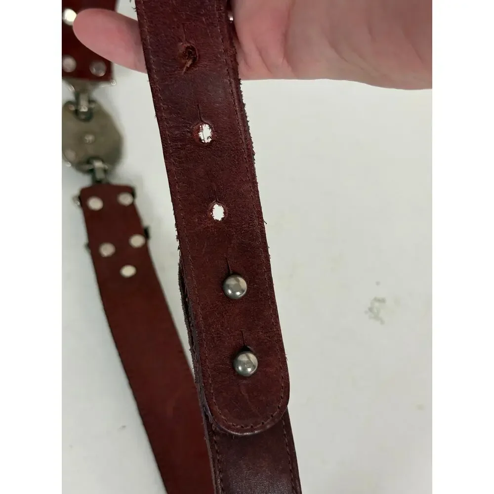 Vintage 80s Italian Leather Belt Silver Floral Concho MOD DEP Boho Western